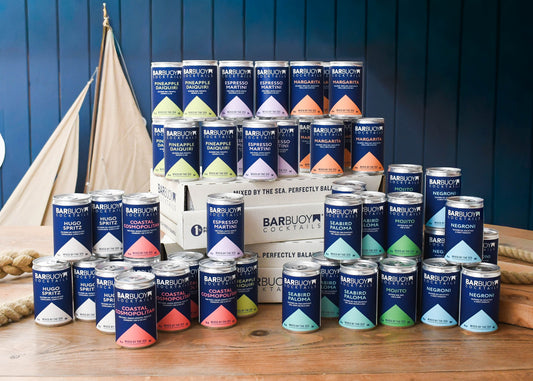 Rows of Bar Buoy cocktail cans stacked high
