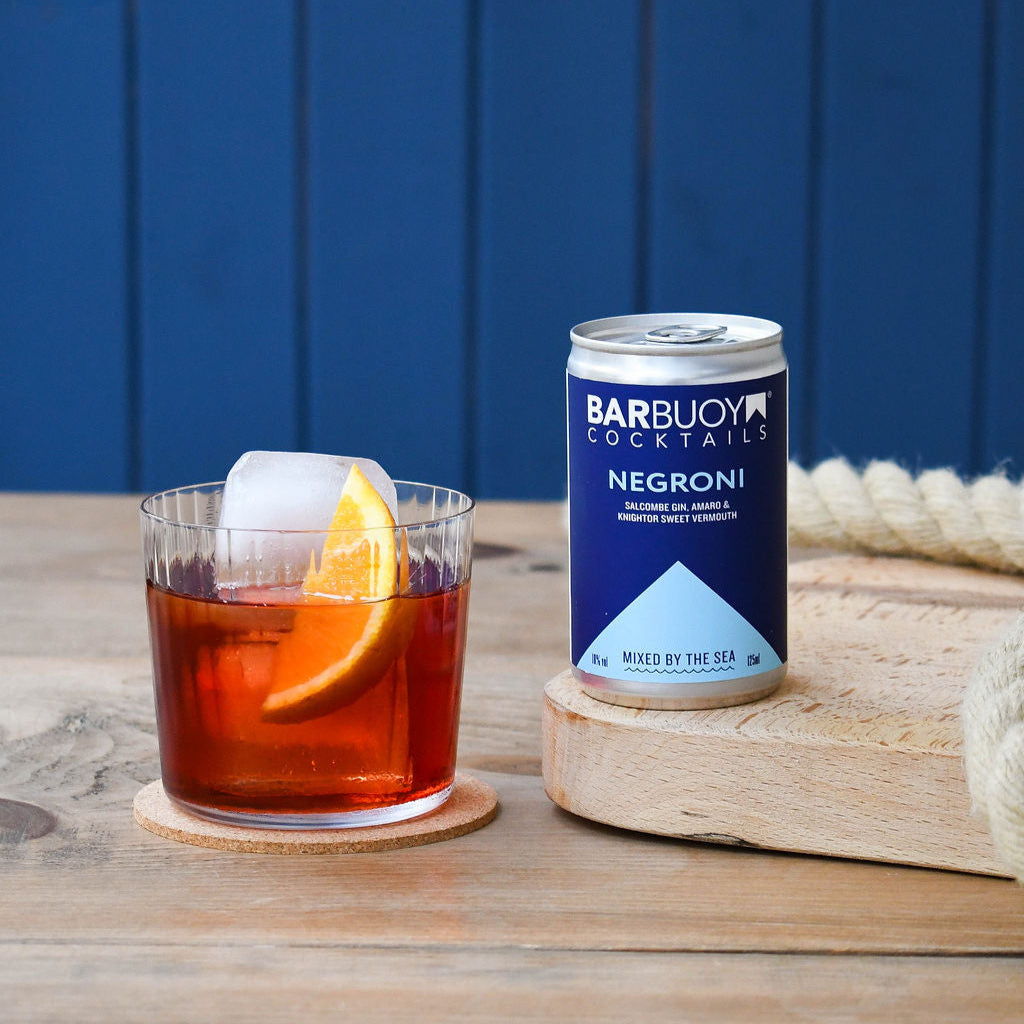Bar Buoy Ready to Drink Negroni can featuring Salcombe Gin, red bitters and Knightor Rosso Vermouth