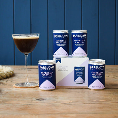 Bar Buoy Espresso Martini 4 pack box with cans and a served Espresso Martini in a coupe glass