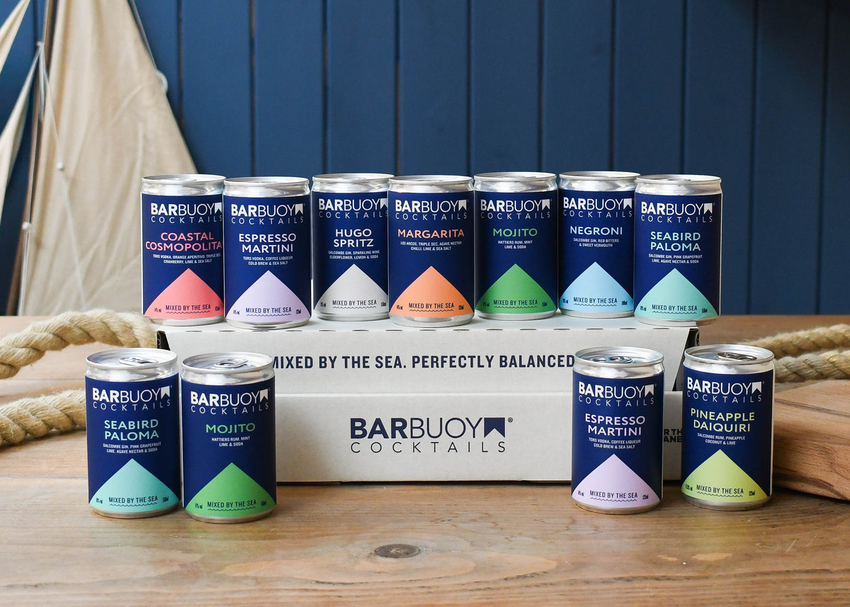 Sharing Set: Bar Buoy cocktail cans on and in front of the gift box